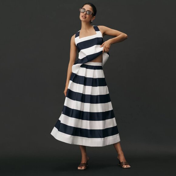 ANTHROPOLOGIE Maeve | Navy Full Striped Midi Skirt | NWT - Picture 3 of 10